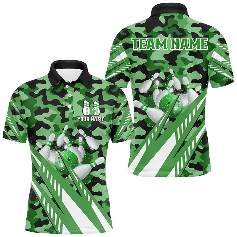 Custom Green Camo Bowling Shirts, Personalized Bowling Team Jerseys