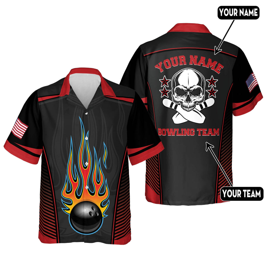 Custom Flame Skull Black And Red Bowling Hawaiian Shirt For Men, Custom Flame Bowling Team Shirt