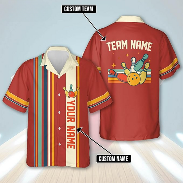 Custom Retro Blue Red Green Bowling Hawaiian Shirt For Men, Custom Retro Bowling Team Shirt