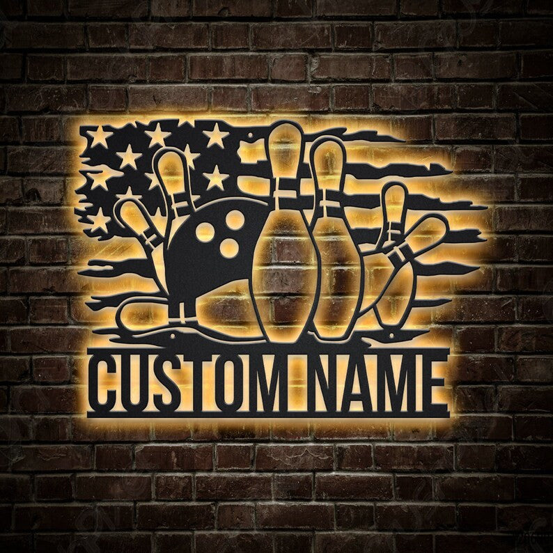 Personalized US Bowling Monogram Metal Sign WITH LED/WITHOUT LED Lights Custom Bowling Metal Sign Sport Gifts Birthday Gift Sport Gift